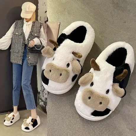 ins潮可爱奶牛棉拖鞋女秋冬季室内居家防滑毛绒保暖月子包跟棉鞋商品大图