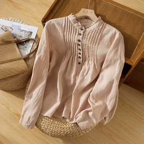 享永子【浪漫风琴】春秋厚麻 琴褶法式亚麻衬衫文艺复古上衣商品大图