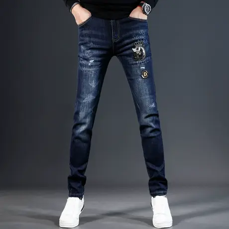 欧美牛仔裤男款修身小脚秋冬款刺绣烫钻高端弹力潮流男士裤子蓝色商品大图