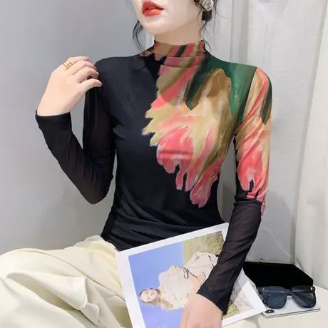 性感网纱加绒打底衫女长袖半高领复古印花时尚内塔上衣修身T恤ins图片