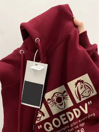 酒红色加绒加厚连帽卫衣女秋冬美式潮牌oversize宽松韩系慵懒外套图片