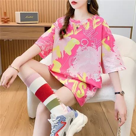 灰色字母半袖T恤女2024春夏季中长款网红情侣闺蜜辣妹宽松上衣潮商品大图