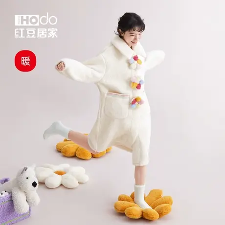 红豆居家睡袍女珊瑚绒可爱睡衣可外穿秋冬保暖家居服浴袍睡裙冬季商品大图