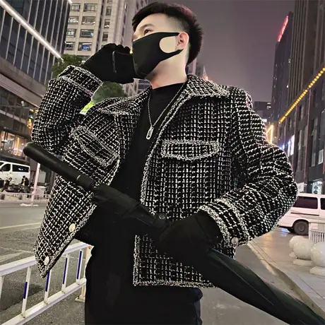 春秋季夹克男装修身潮牌ins翻领上衣小香风格子网红痞帅学生外套商品大图