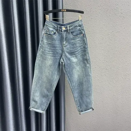 个性贴布哈伦裤女2024春季新款撞色口袋设计感高腰显瘦牛仔小脚裤图片