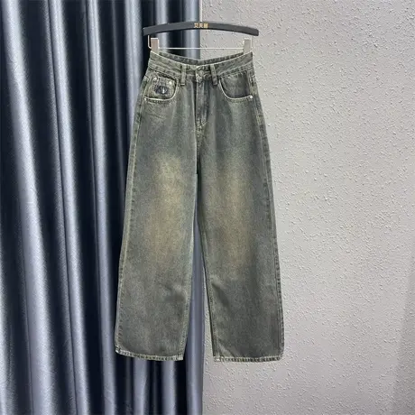 复古拖地直筒裤女24春季新款个性口袋设计感高腰显瘦牛仔阔腿裤图片