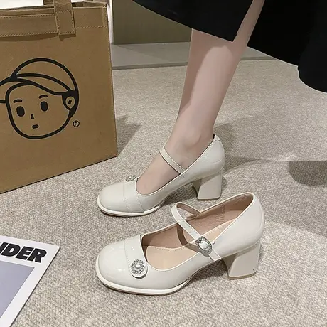 法式玛丽珍鞋女2024春秋季新款仙女风珍珠浅口单鞋气质粗跟高跟鞋商品大图