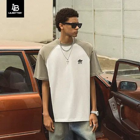 Lilbetter短袖T恤男夏季插肩袖撞色拼接衣服男款五分袖刺绣体恤LB商品大图