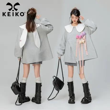 KEIKO 甜系少年感灰色卫衣女加绒2024春季蝴蝶结扎花宽松圆领上衣商品大图