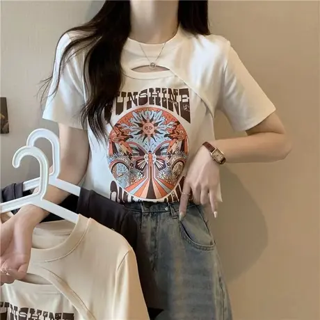 韩系高级感镂空短袖T恤女士夏装修身显瘦设计感小众纯棉半袖上衣图片