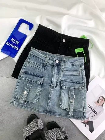 欧洲站大口袋牛仔短裙2024春夏新款显瘦百搭防走光弹力工装半身裙商品大图