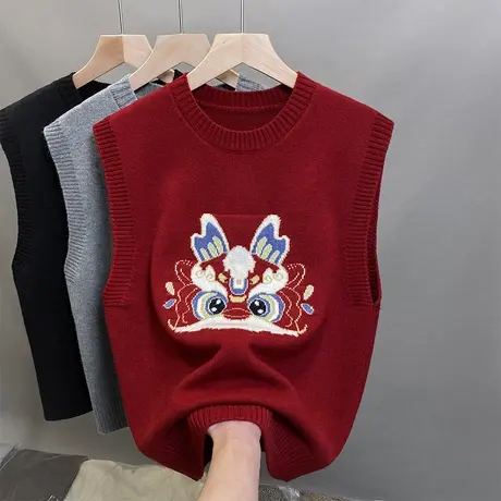 2024新年款背心女设计感针织圆领马甲女百搭无袖提花毛衣女潮喜庆图片