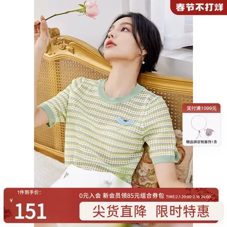 秋水伊人欧根纱针织衫秋装女2023年新款甜美凉感时尚百搭短袖上衣商品大图