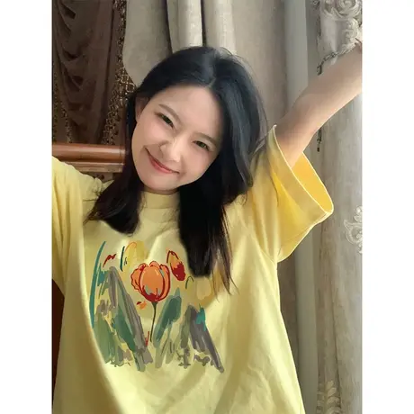 纯棉郁金香印花短袖t恤女夏季新款设计感小众宽松小个子上衣体恤商品大图