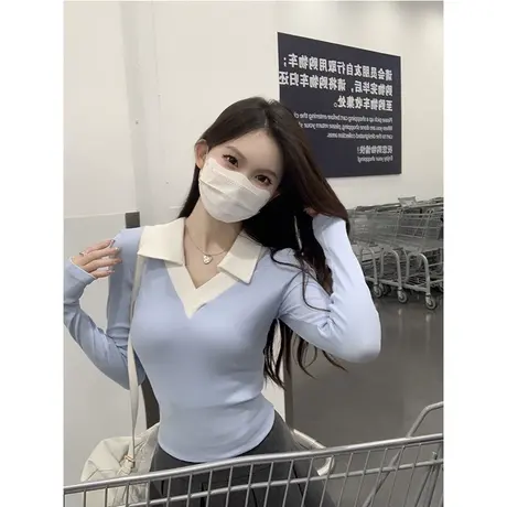 polo领撞色设计感打底衫女2023新款春秋季修身长袖t恤早春上衣服图片