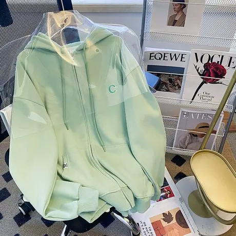 美式连帽开衫卫衣女春秋季薄款设计感宽松慵懒风上衣拉链外套早秋商品大图