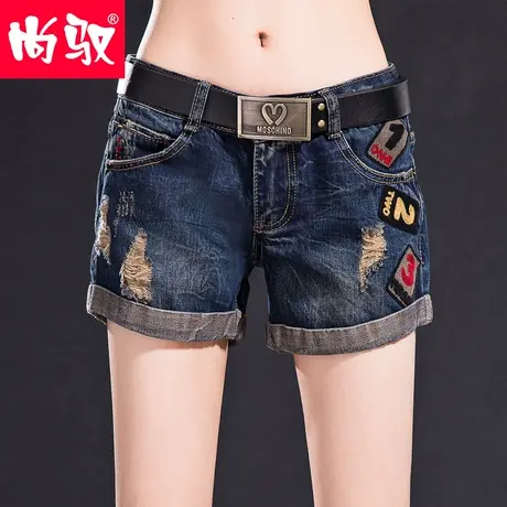尚驭牛仔短裤女高腰显瘦2023年夏季新款宽松大码破洞拼接薄款热裤图片