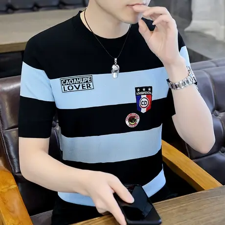 提花针织t恤男夏季潮牌薄款条纹短袖上衣高端男装冰丝圆领打底衫商品大图