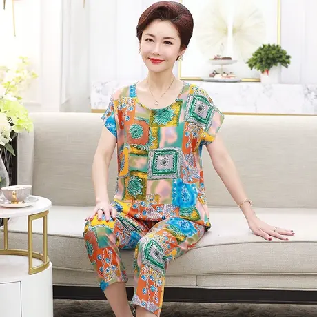 夏季妈妈棉绸套装中老年大码女装奶奶短袖T恤衫老年人套装家居服商品大图
