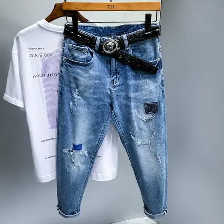 夏季新款蓝色破洞牛仔裤男装宽松百搭老爹裤男士长裤子男潮牌高端商品大图