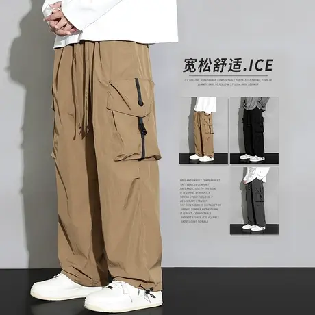 男装秋季潮牌设计感抽绳束脚休闲裤子春秋款美式高街阔腿工装秋天商品大图