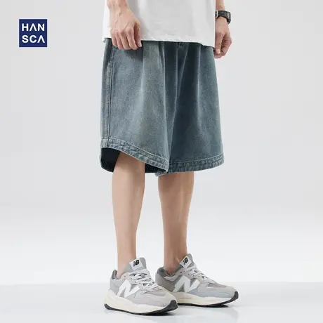 hansca牛仔短裤男夏季美式复古潮流宽松直筒青少年休闲大码五分裤商品大图
