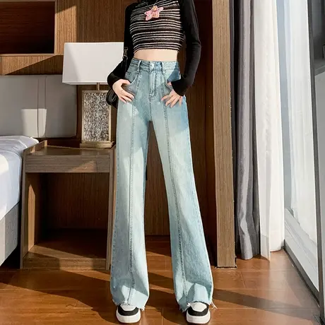 浅色高腰喇叭牛仔裤女修身显瘦2024年春秋新款拼接拖地微喇长裤子商品大图