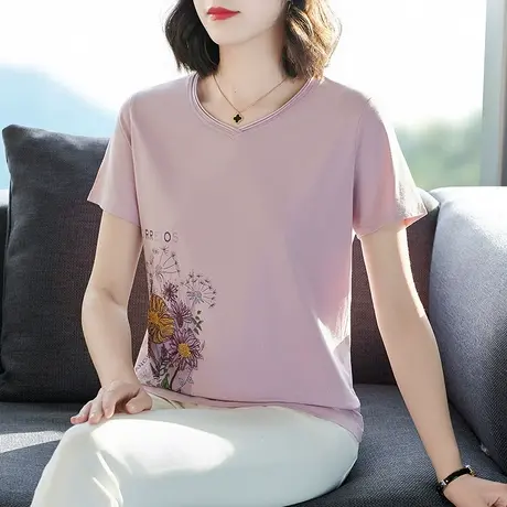 V领短袖t恤衫时尚大码女装洋气中老年妈妈夏装上衣重工刺绣花体恤商品大图