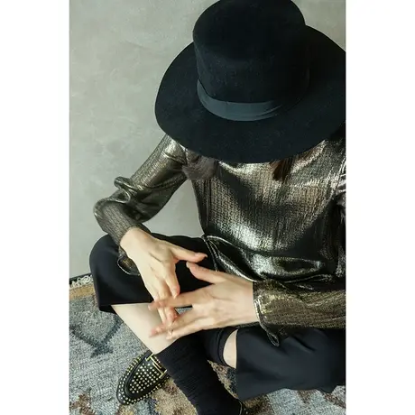 2024春夏新款圆领长袖真丝金属线黑金衬衫女复古新中式国风扣衬衣商品大图