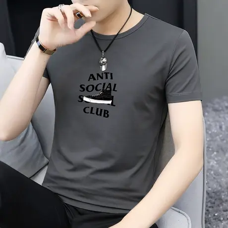 莫代尔冰丝短袖t恤男装2023新款潮牌潮流ins夏季半袖冰感上衣服男商品大图