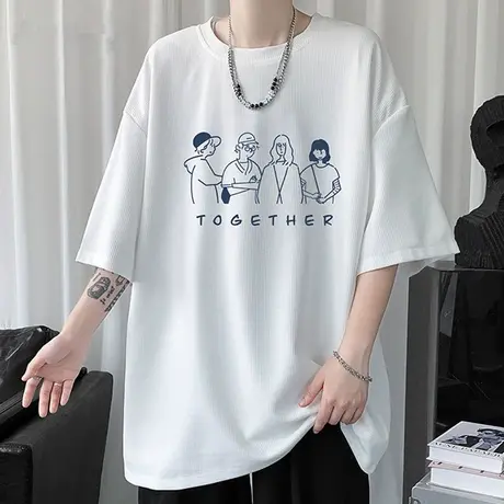 男士短袖t恤夏季新款休闲宽松五分袖华夫格体恤男潮牌帅气上衣服商品大图