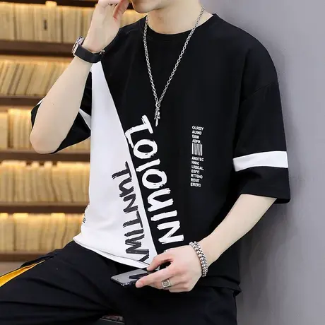 七分袖t恤男短袖夏季新款青少年潮流宽松中袖体恤男装帅气圆领T恤商品大图