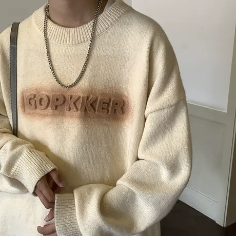 慵懒风宽松毛衣男ins潮牌秋冬凹凸字母印花情侣款长袖休闲针织衫商品大图