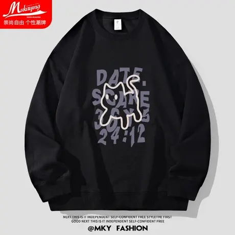 美式字母线描猫宽松大码oversize圆领卫衣男黑色春秋款百搭长袖衫商品大图