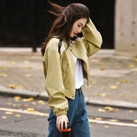 时尚气质皮夹克短外套2023年秋季新款女圆领宽松显瘦通勤休闲上衣商品大图