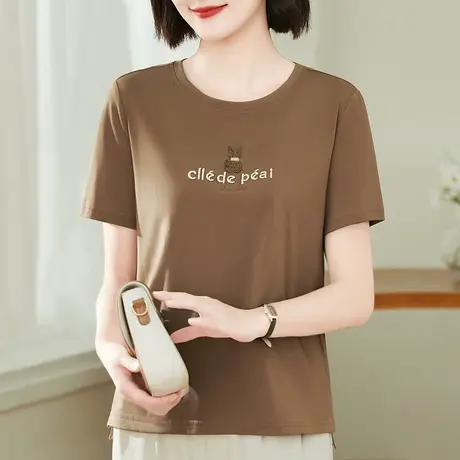 纯棉正肩t恤女2023年夏装新款时尚猫咪图案大码女装百搭短袖体恤商品大图