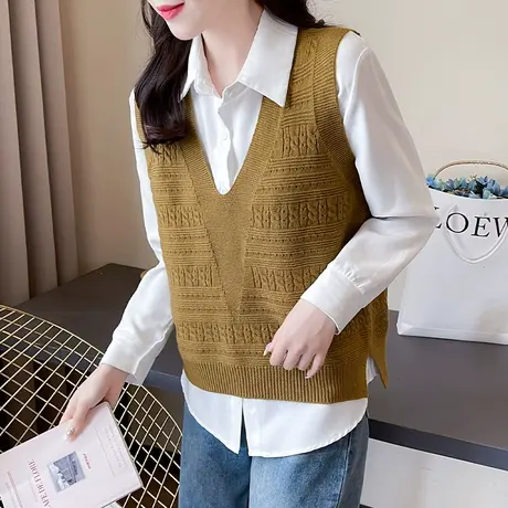 韩版麻花针织马甲背心春秋外搭女士宽松2023新款V领毛线坎肩马夹图片