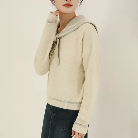 韩潮袭人海军领拼色针织衫女2023秋冬新款休闲假两件披肩长袖上衣图片