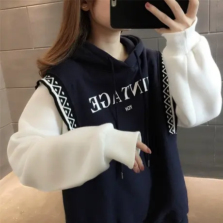 加绒加厚连帽卫衣2023秋新款韩版字母减龄洋气上衣假两件外套宽松商品大图