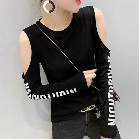 女装2023新款潮春秋性感露肩长袖T恤女轻熟上衣洋气纯棉打底衫潮商品大图