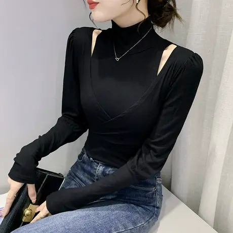 个性假两件T恤女ins性感露肩半高领打底衫内搭长袖超火上衣设计感商品大图
