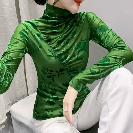 高领打底衫女春秋2023新款性感网纱提花上衣气质百搭显瘦T恤长袖商品大图