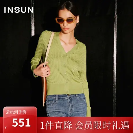 恩裳COVER2023秋季新款肌理感小麻花提花天丝混纺贝壳扣V领针织衫商品大图