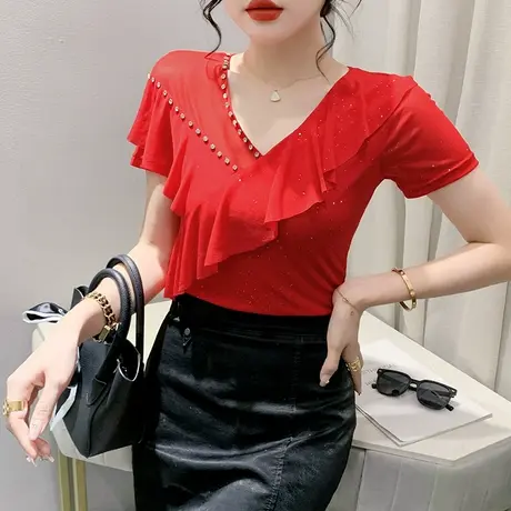 气质网纱小衫女短袖欧货性感V领荷叶边T恤夏装别致设计感小众上衣商品大图