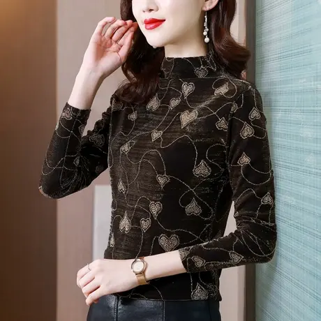 加绒半高领打底衫女秋冬洋气2023新款蕾丝大码内搭长袖设计感小众商品大图