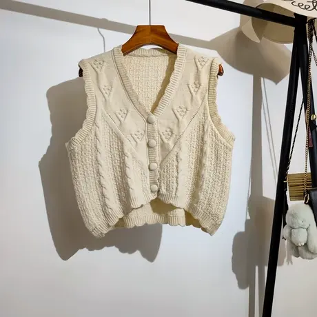 法式复古针织马甲开衫女秋冬季新款宽松v领叠穿麻花毛衣背心外套商品大图