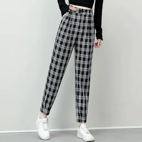 黑白格子裤女2023新款春夏薄款裤子小个子九分裤休闲运动裤哈伦裤商品大图