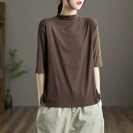 dza半高领纯棉女士短袖2022新款大码上衣秋季宽松t恤白色短款体恤商品大图