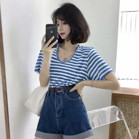 条纹短袖t恤女2021新款夏季宽松韩版ins设计感小众chic港味上衣服商品大图