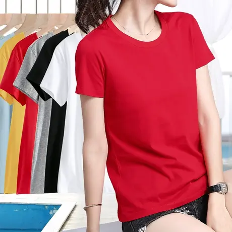 大红色t恤女士短袖2023年夏季新款纯棉宽松显瘦女装净版百搭上衣图片